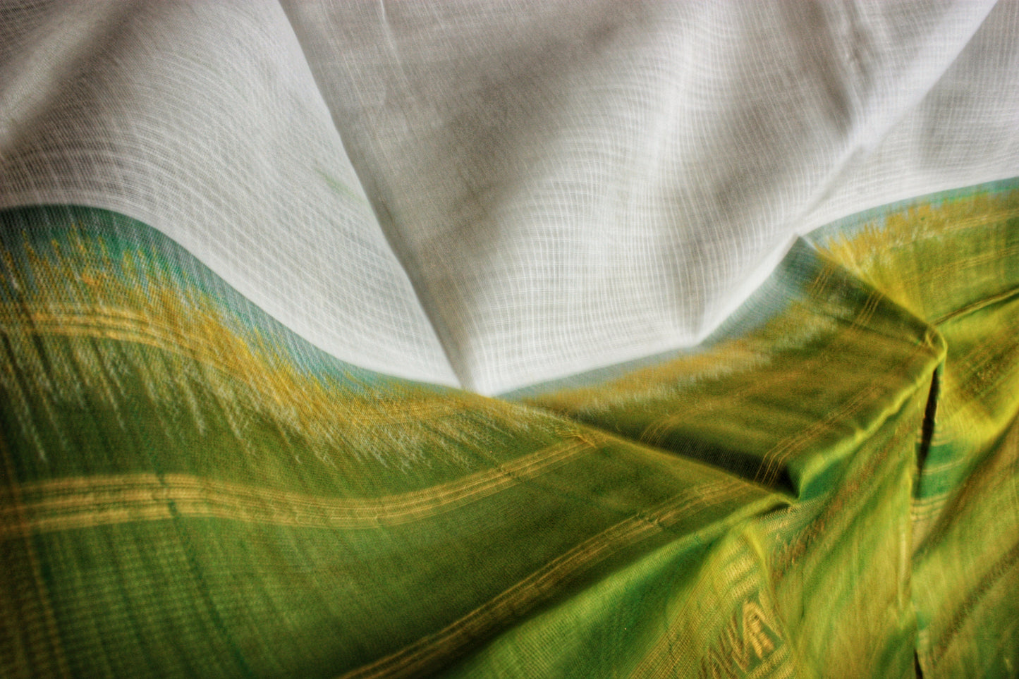 Gadwal Handloom Cotton Saree - White / Mehendi green