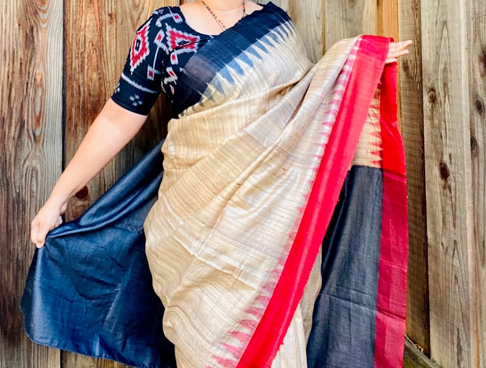 Tussar Ghicha Silk Ikat Handloom Saree - Beige w/ Black, Red