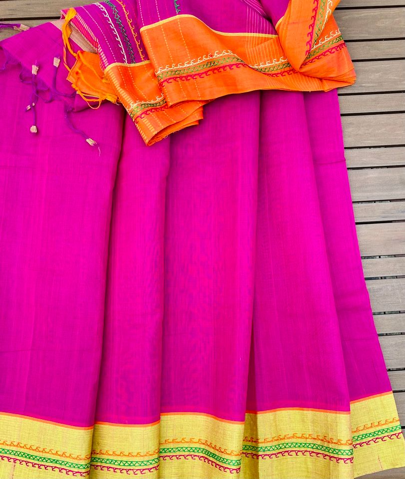 Khadi Saree w/ Lambani embroidery - Fuchsia/ Orange