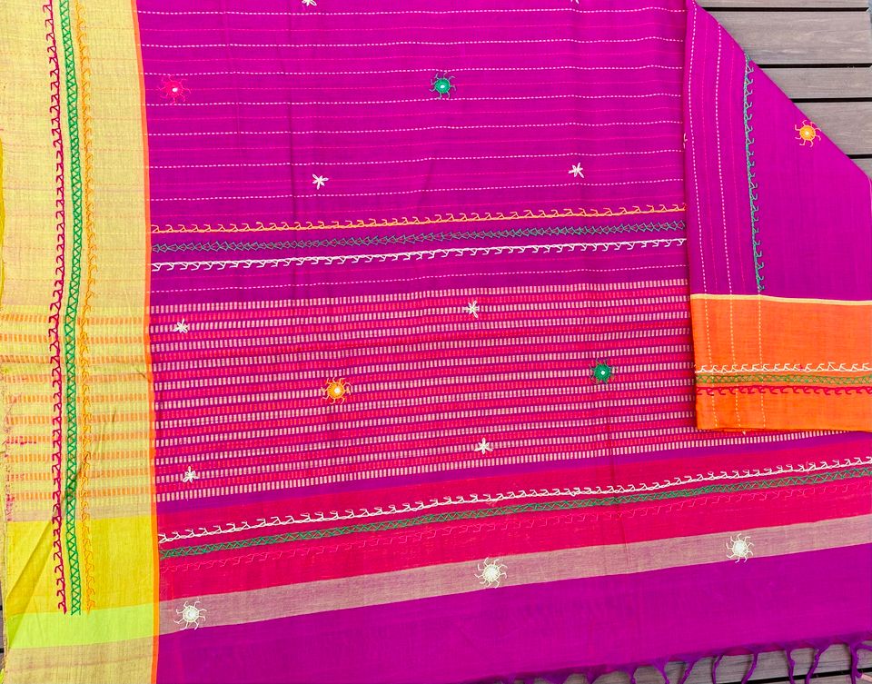 Khadi Saree w/ Lambani embroidery - Fuchsia/ Orange