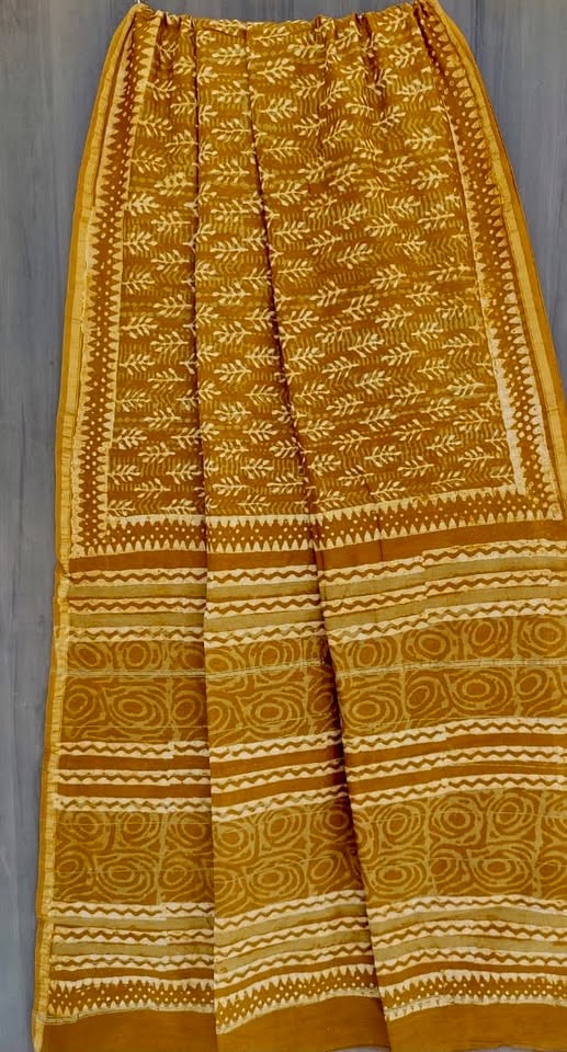 Chanderi Saree w/ Bagru Hand block Print- Khaki
