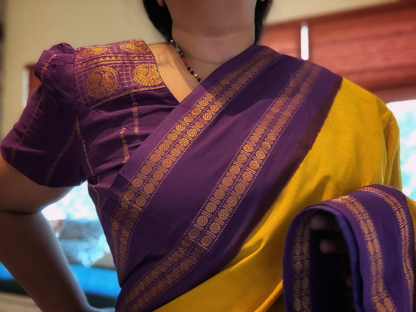 Sungudi Cotton Saree - Yellow/ Indigo
