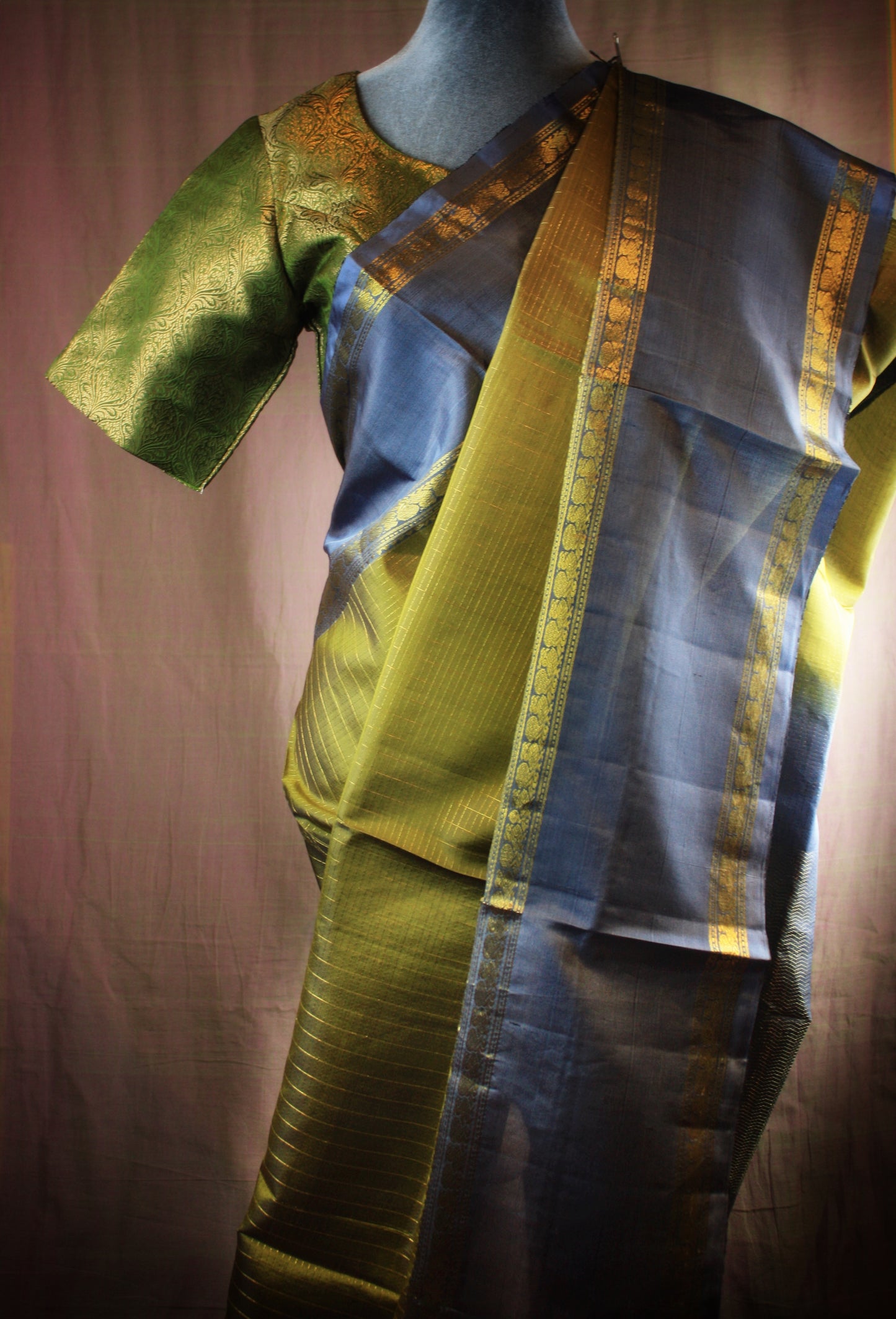 Kanjivaram Soft Silk Saree - Mossy Green w/ Gray