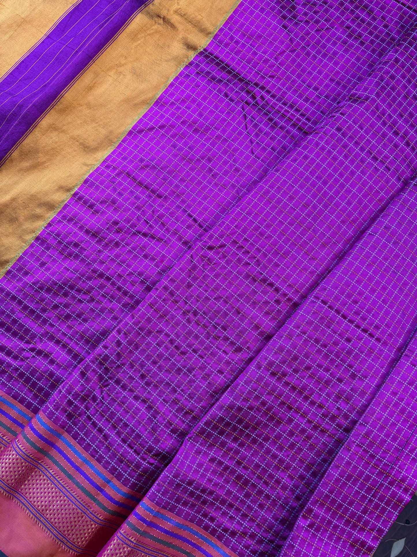 Ilkal Handloom Silk Saree - Purple checks/ Orange