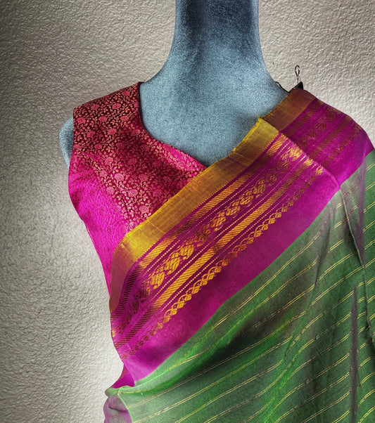 Gadwal Handloom SICO Saree - Green/ Pink