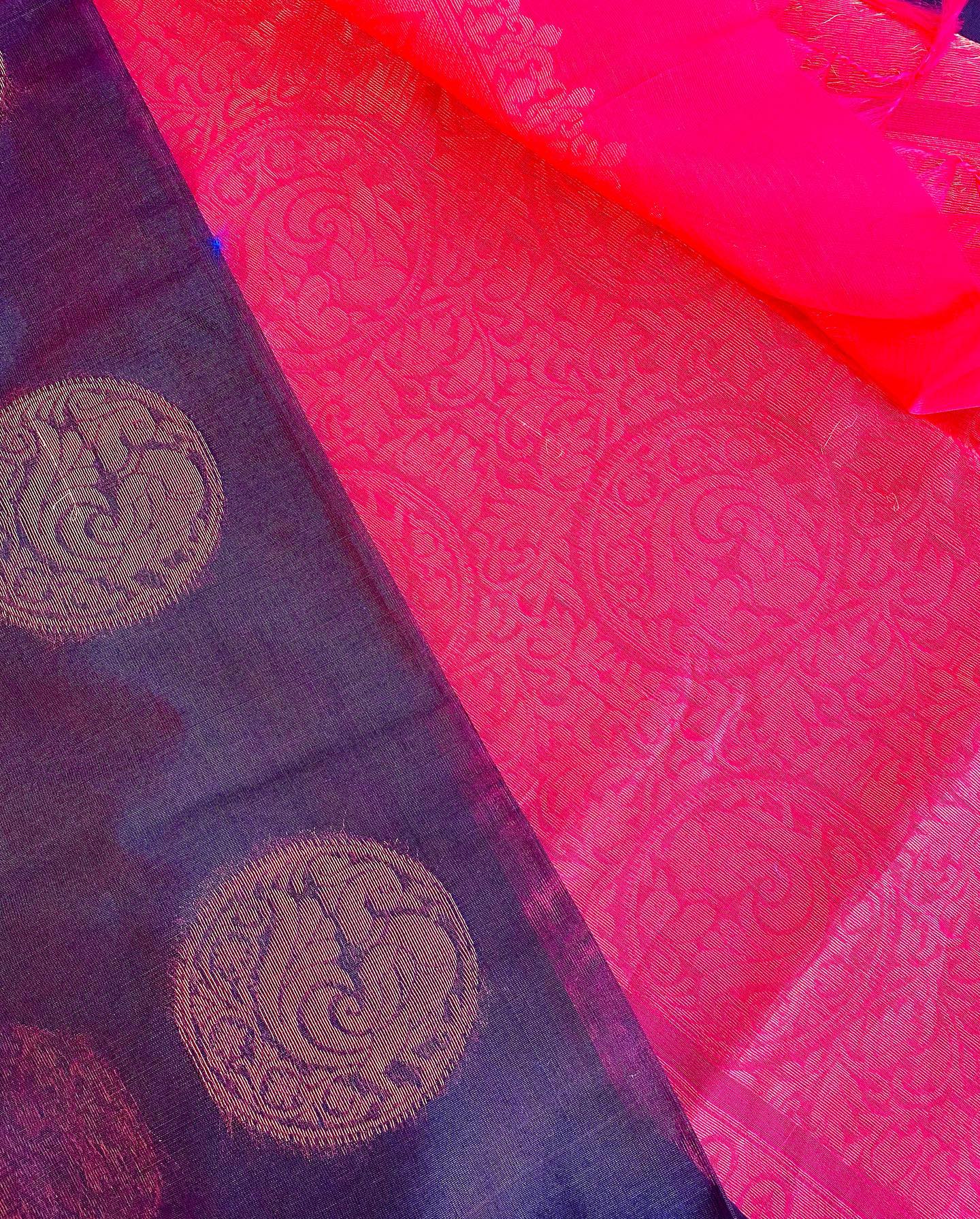 Venkatagiri Handloom Silk Cotton Saree - Brown w/ Pink