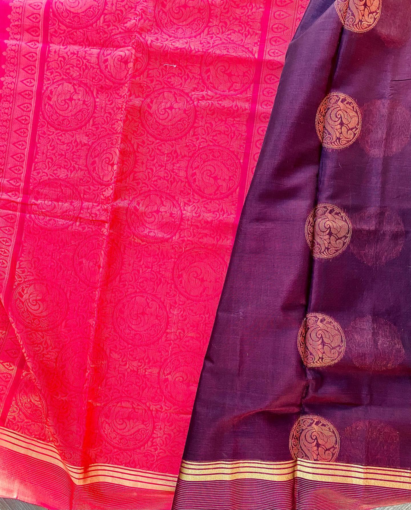 Venkatagiri Handloom Silk Cotton Saree - Brown w/ Pink