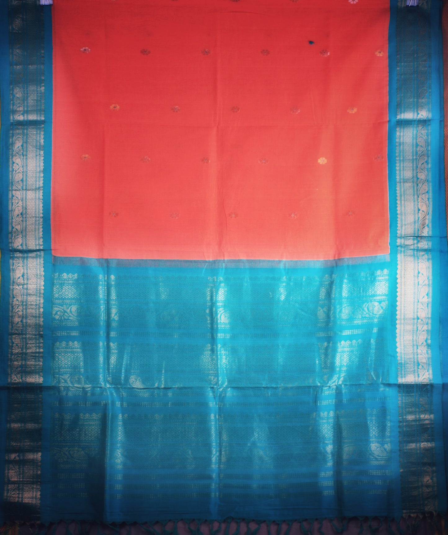 Gadwal Handloom Cotton Saree - Orange/ Turquoise
