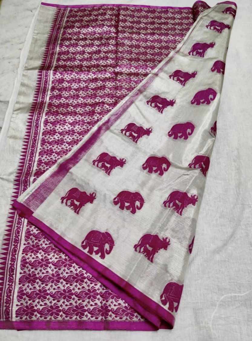 Venkatagiri Silk Tissue Saree - Silver/ Fuchsia Pink