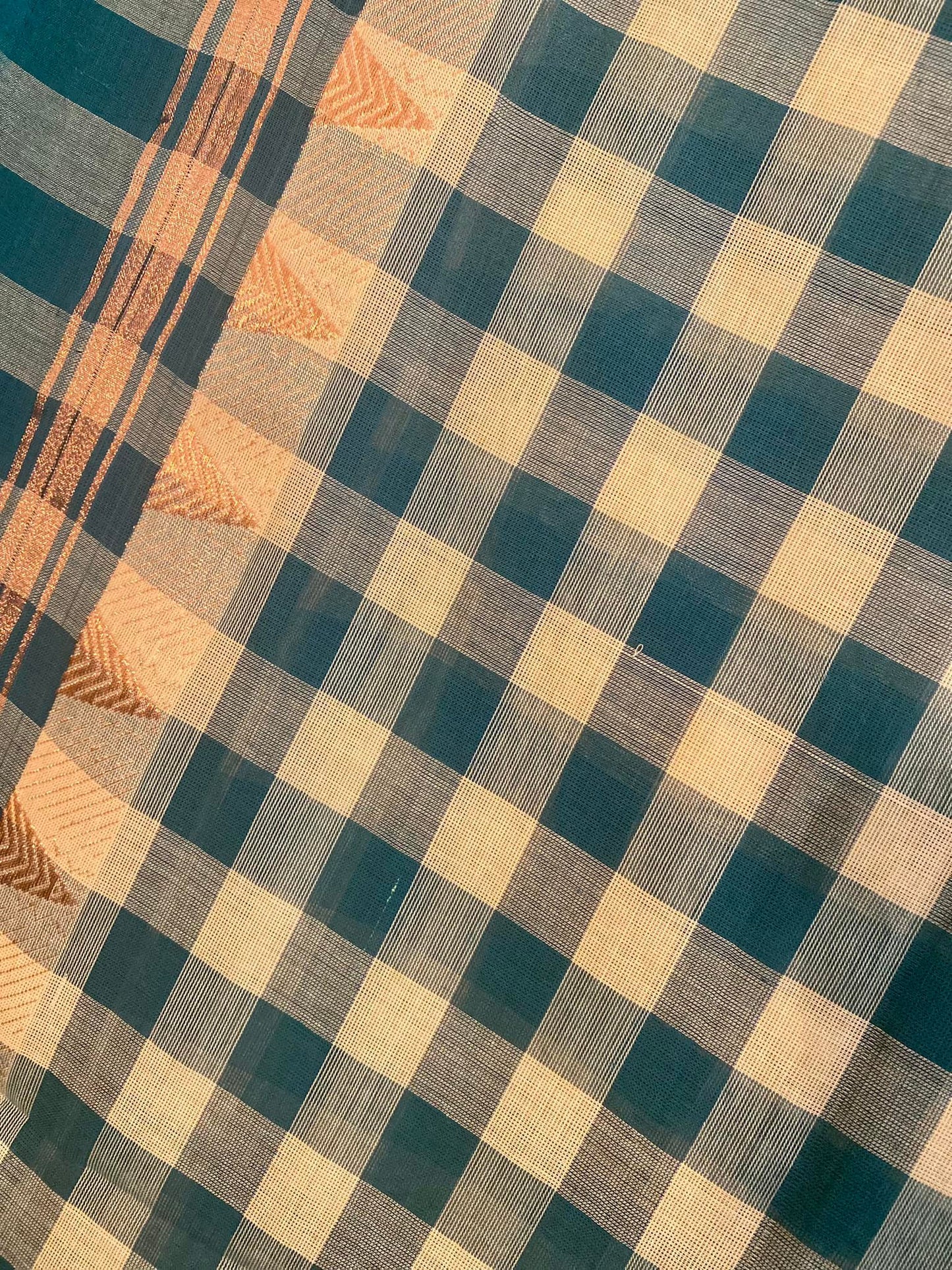 Kandangi Handloom Saree - Checks - Teal/ Cream