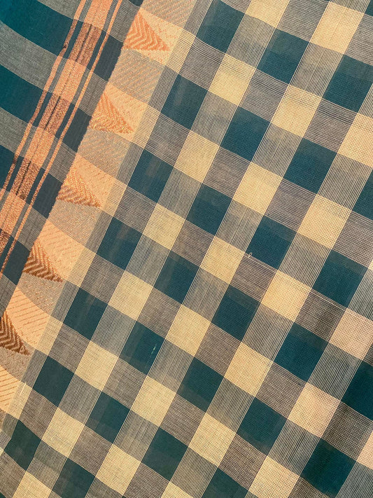 Kandangi Handloom Saree - Checks - Teal/ Cream