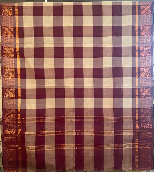 Kandangi Handloom Saree - Checks - Maroon/ Cream