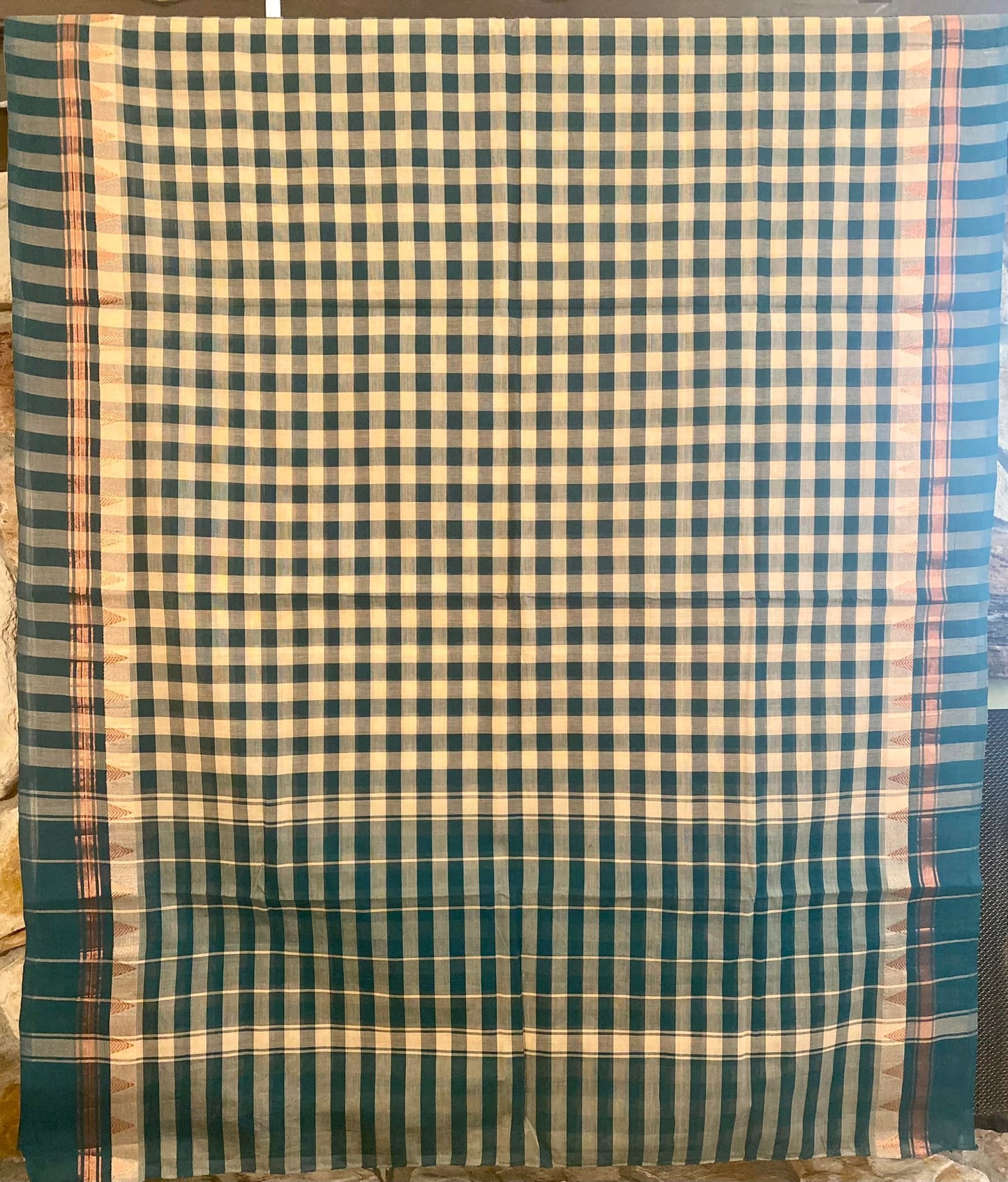 Kandangi Handloom Saree - Checks - Teal/ Cream