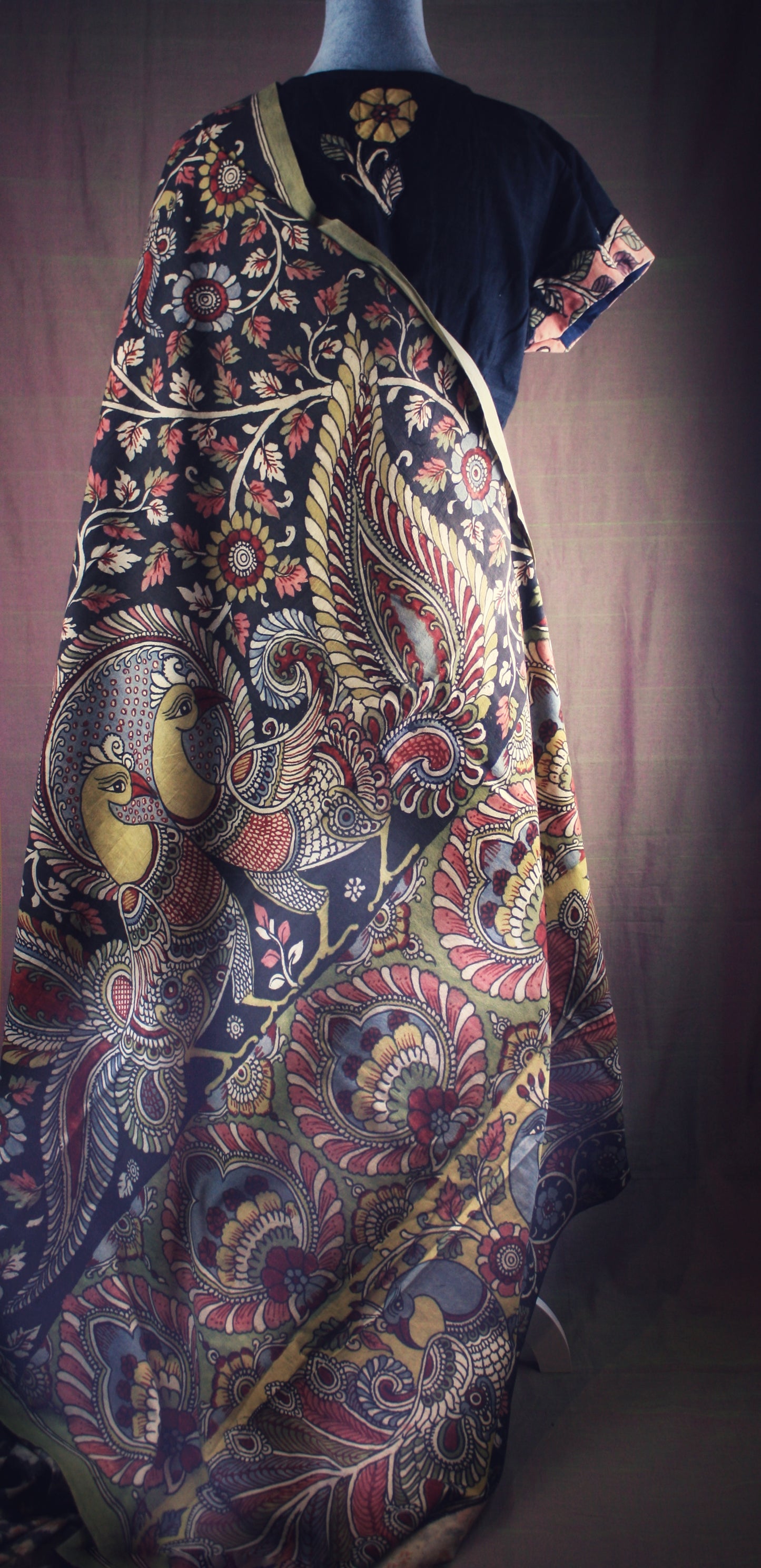 Hand Painted Kalamkari Cotton Saree - Black