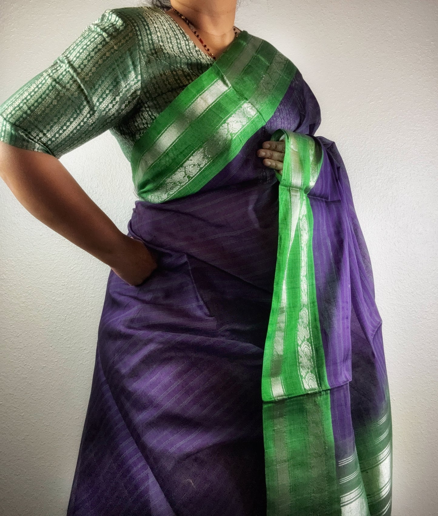 Gadwal Handloom SICO Saree - Eggplant/ Green