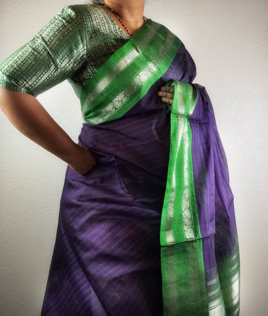Gadwal Handloom SICO Saree - Eggplant/ Green