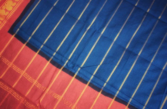 Sungudi Cotton Saree - Blue/ Rust
