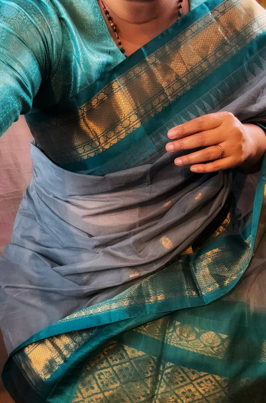 Gadwal Handloom Cotton Saree - Gray/ Turquoise