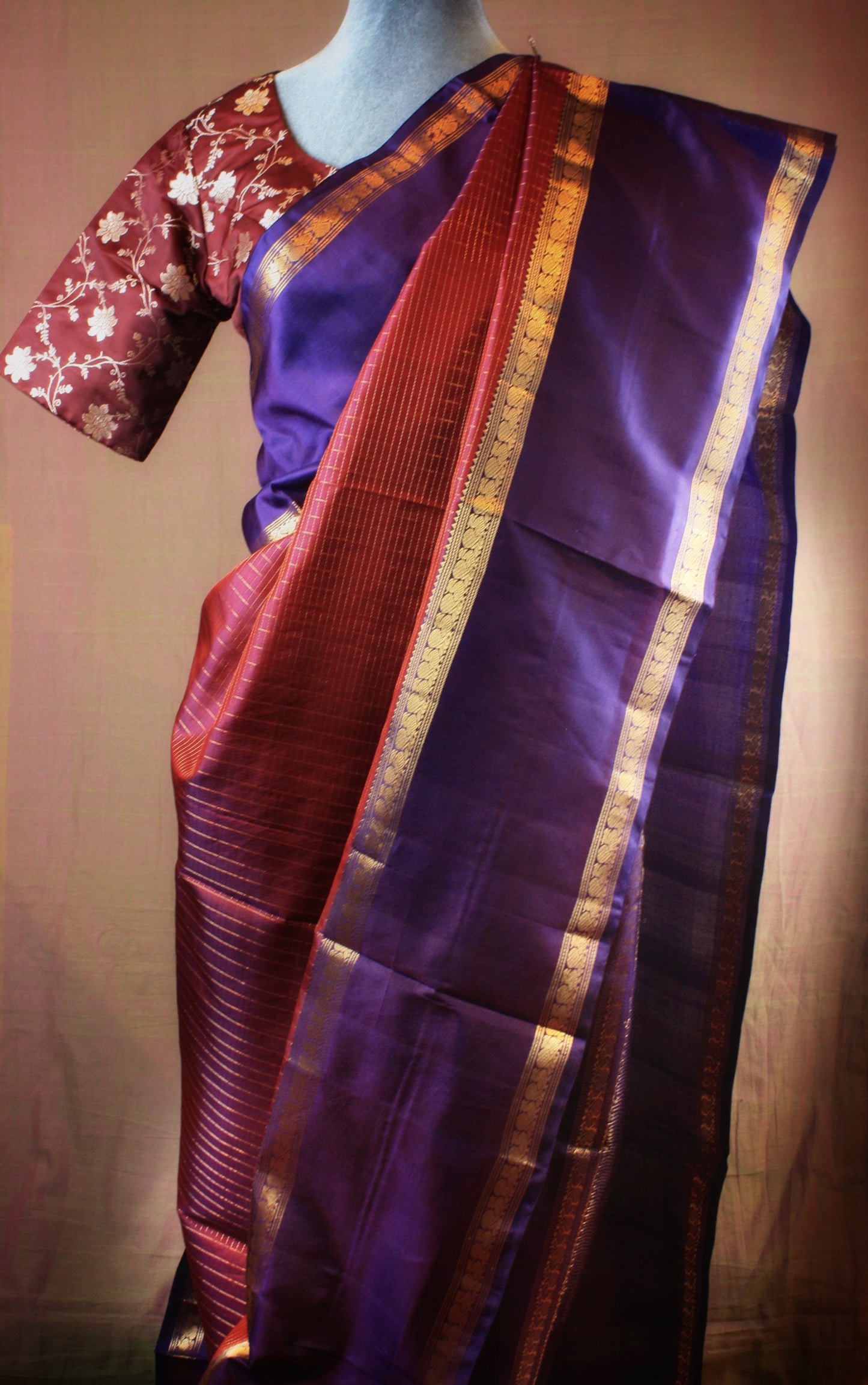 Kanjivaram Soft Silk Saree - Maroon w/ Indigo