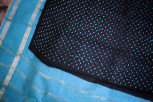 Sungudi Cotton Saree - Black/ Turquoise Blue