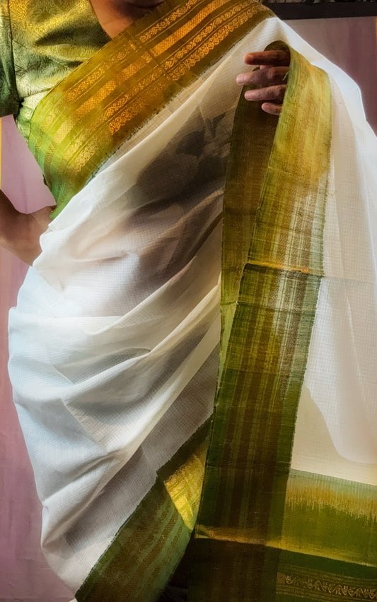 Gadwal Handloom Cotton Saree - White / Mehendi green