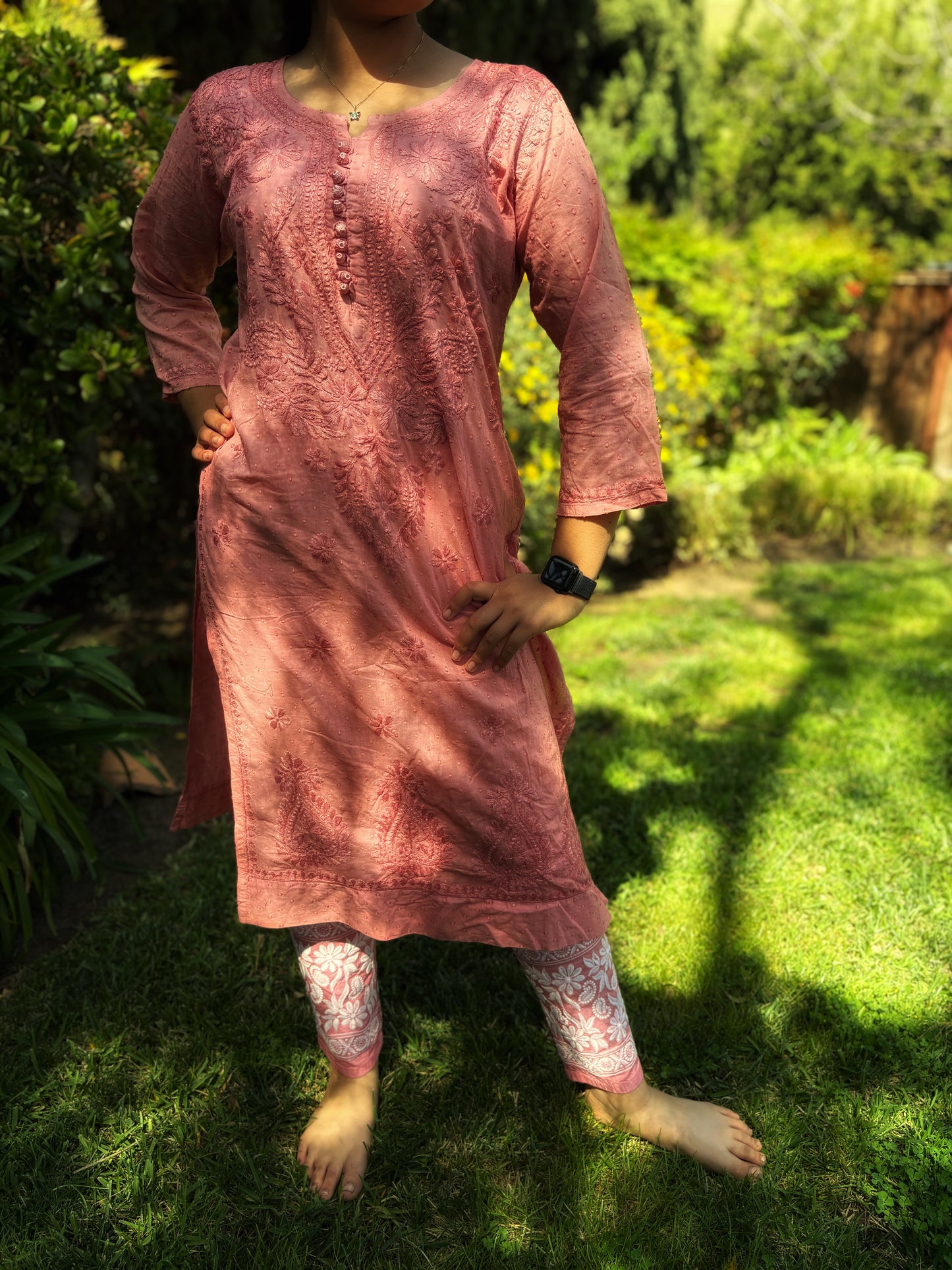 Chikankari Hand embroidery Cotton Kurta + legging Set