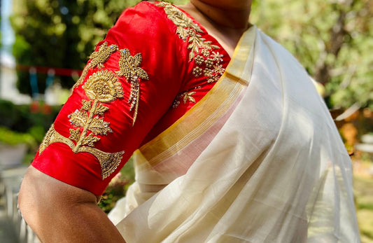 Aari hand embroidered Silk Blouse - Red/ Gold