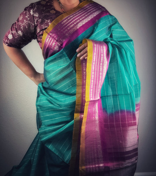 Gadwal Handloom SICO Saree - Teal/ Pink Silver