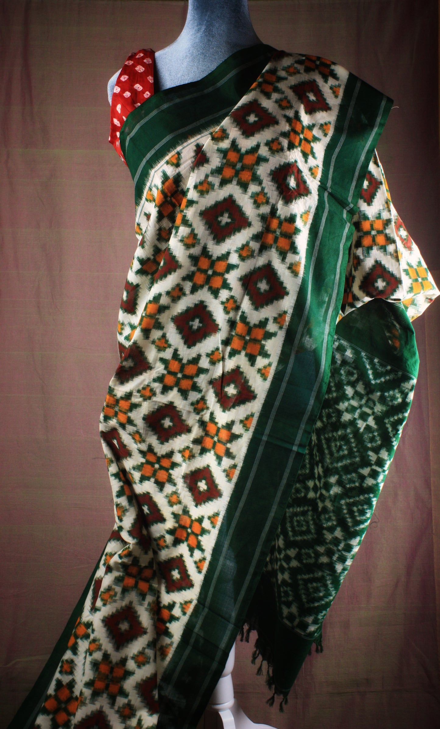 Pochampally Double Ikat Cotton Saree - White, Red, Orange/ Green