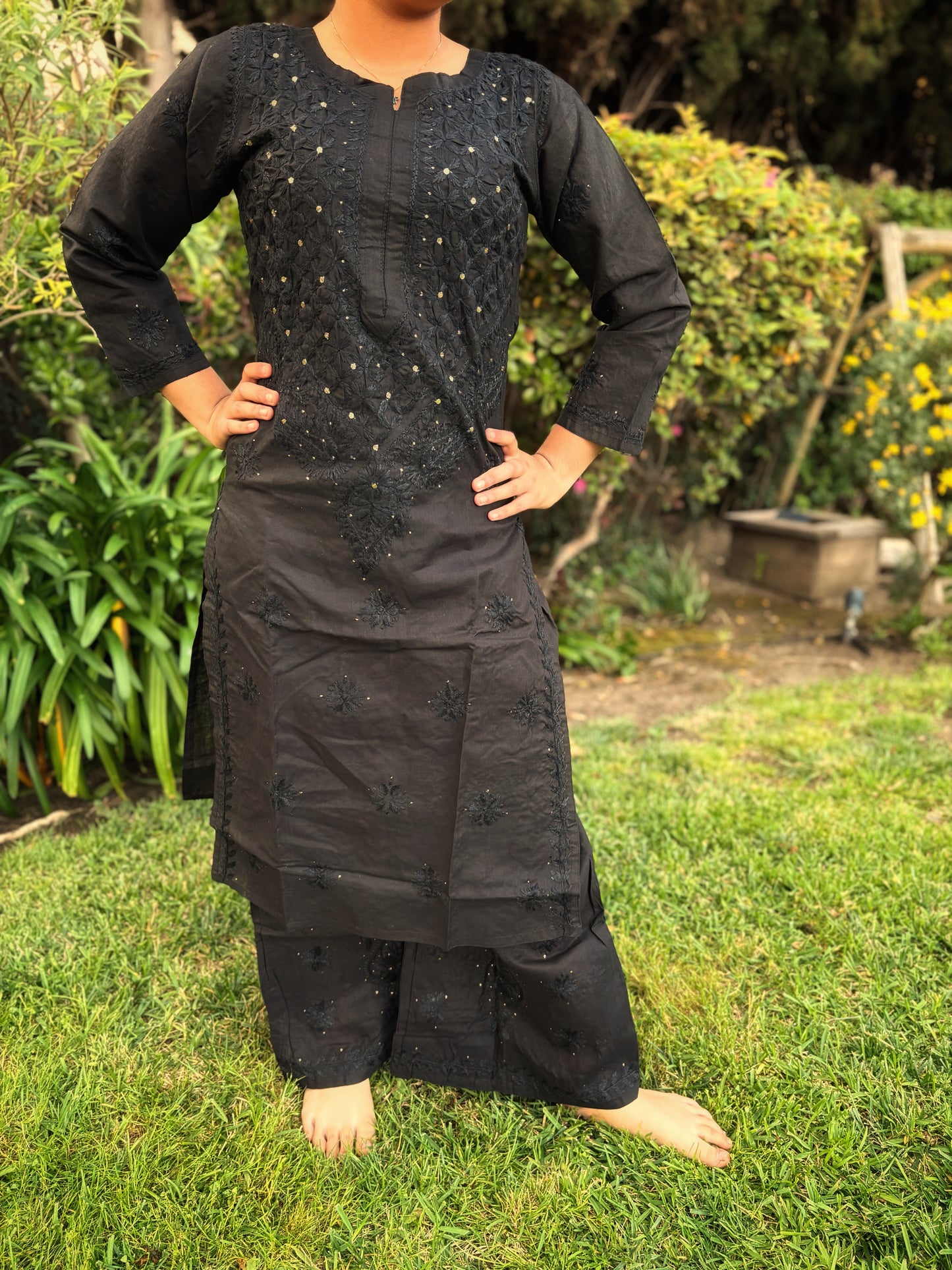 Chikankari Hand embroidery Cotton Kurta + Palazzo Set