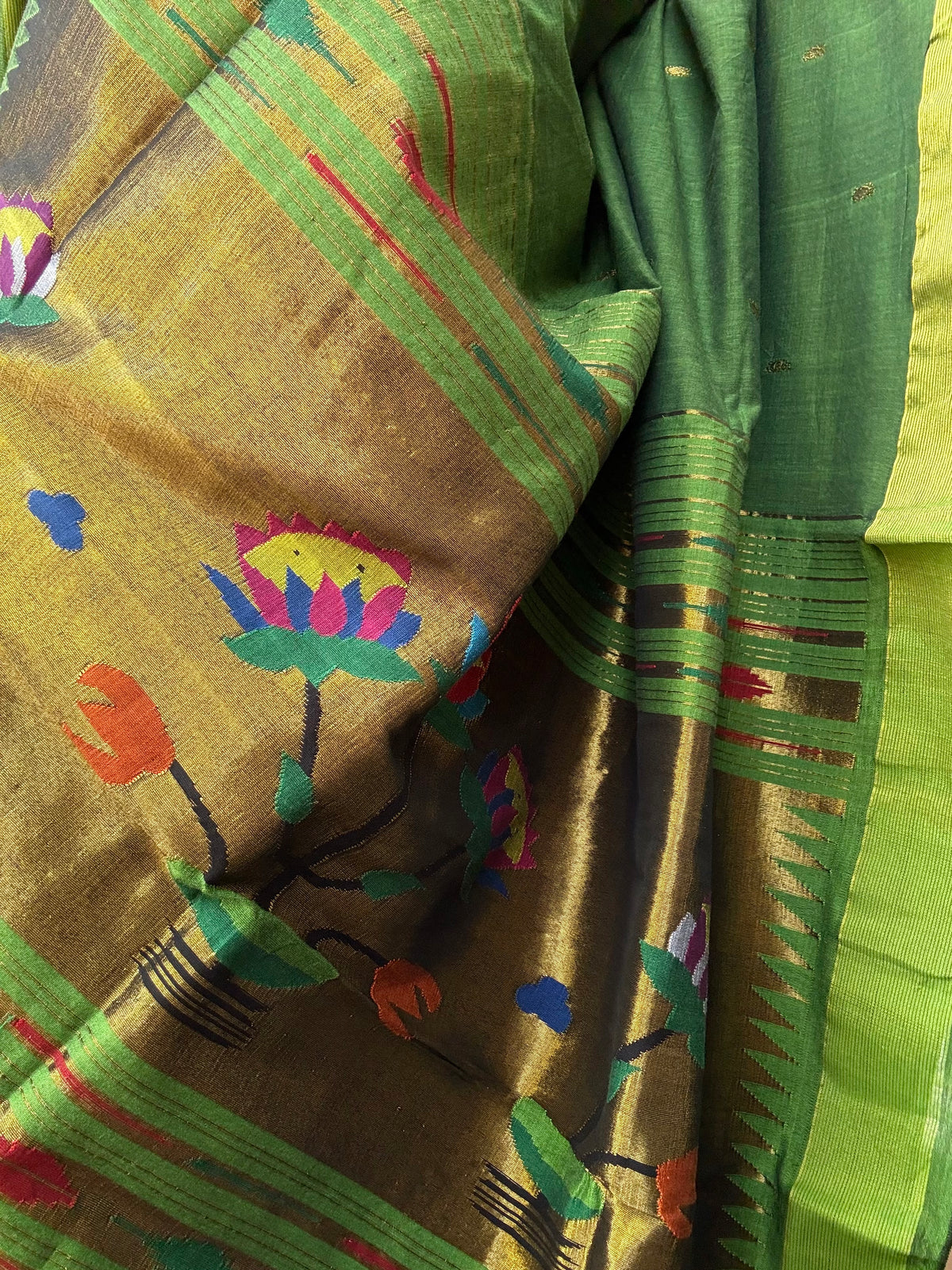 Paithani Handloom Cotton Saree - Leaf Green