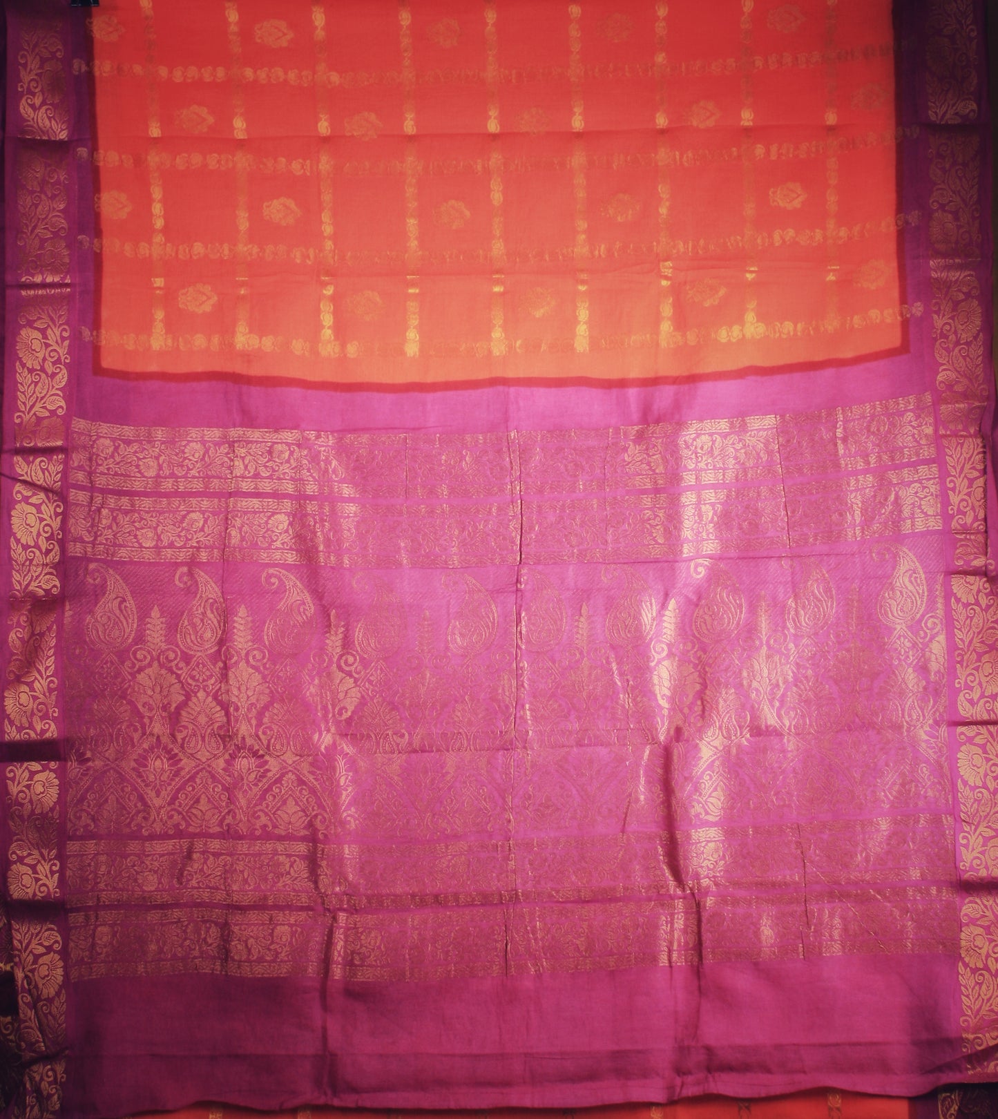Sungudi Cotton Saree - Orange/ Magenta