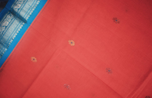 Gadwal Handloom Cotton Saree - Orange/ Turquoise