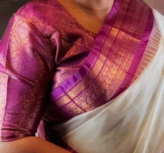 Gadwal Handloom Cotton Saree - White/ Purple