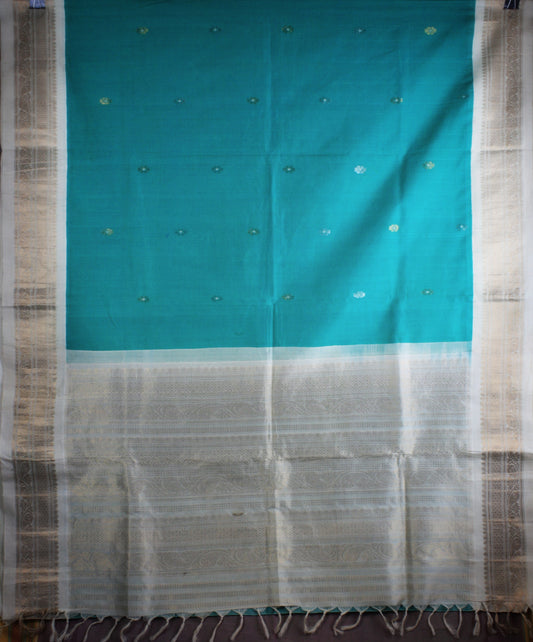 Gadwal Handloom Cotton Saree - Turquoise / White