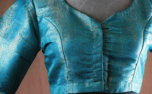 Banarasi Brocade Blouse - Turquoise blue/ Peach