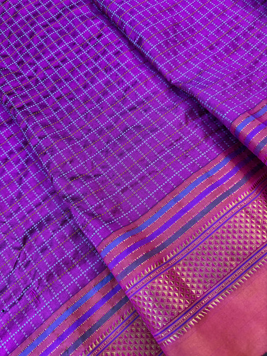 Ilkal Handloom Silk Saree - Purple checks/ Orange