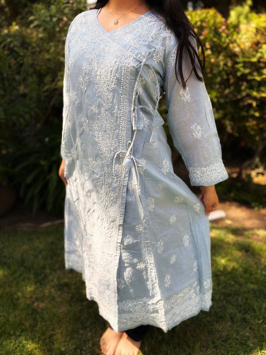 Chikankari Hand embroidery Cotton Angrakha Kurta
