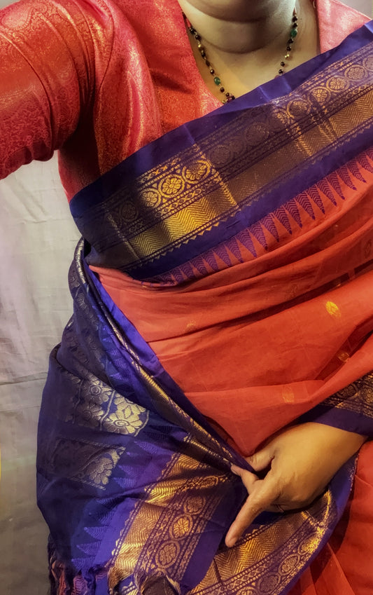 Gadwal Handloom Cotton Saree - Peach/ Indigo