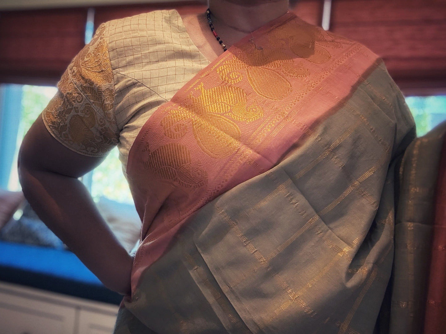 Sungudi Cotton Saree - Gray/ Pink