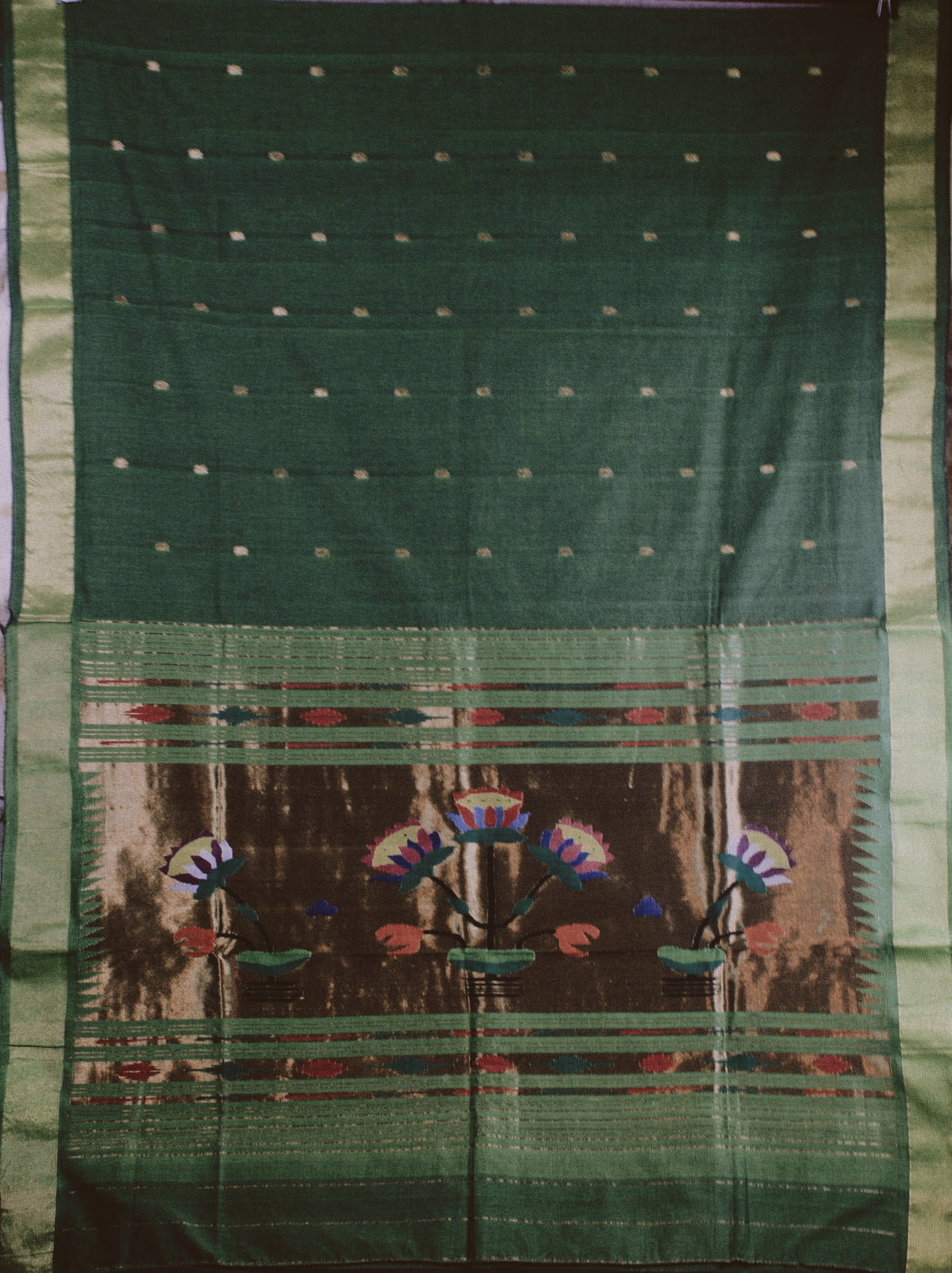 Paithani Handloom Cotton Saree - Leaf Green