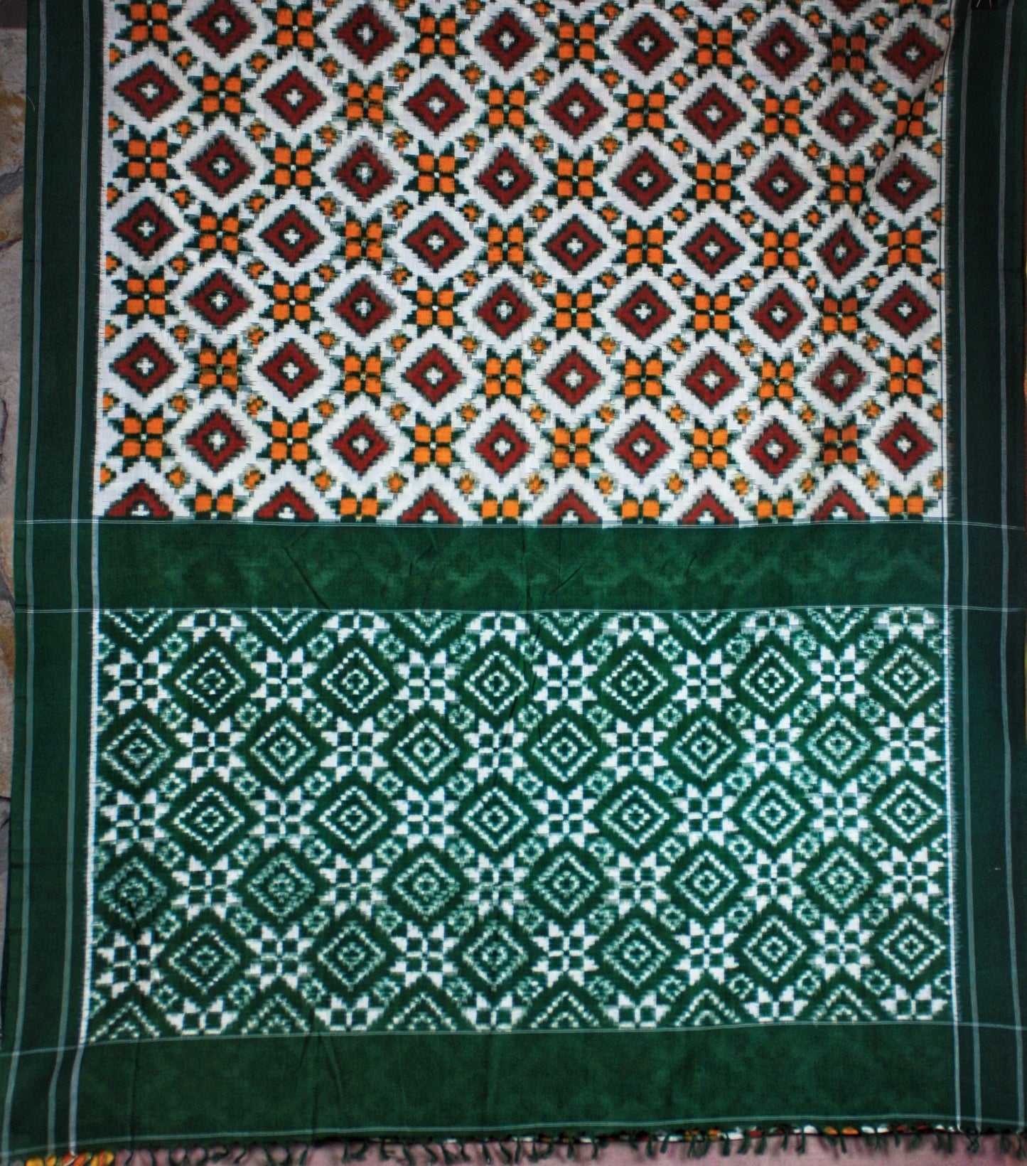 Pochampally Double Ikat Cotton Saree - White, Red, Orange/ Green