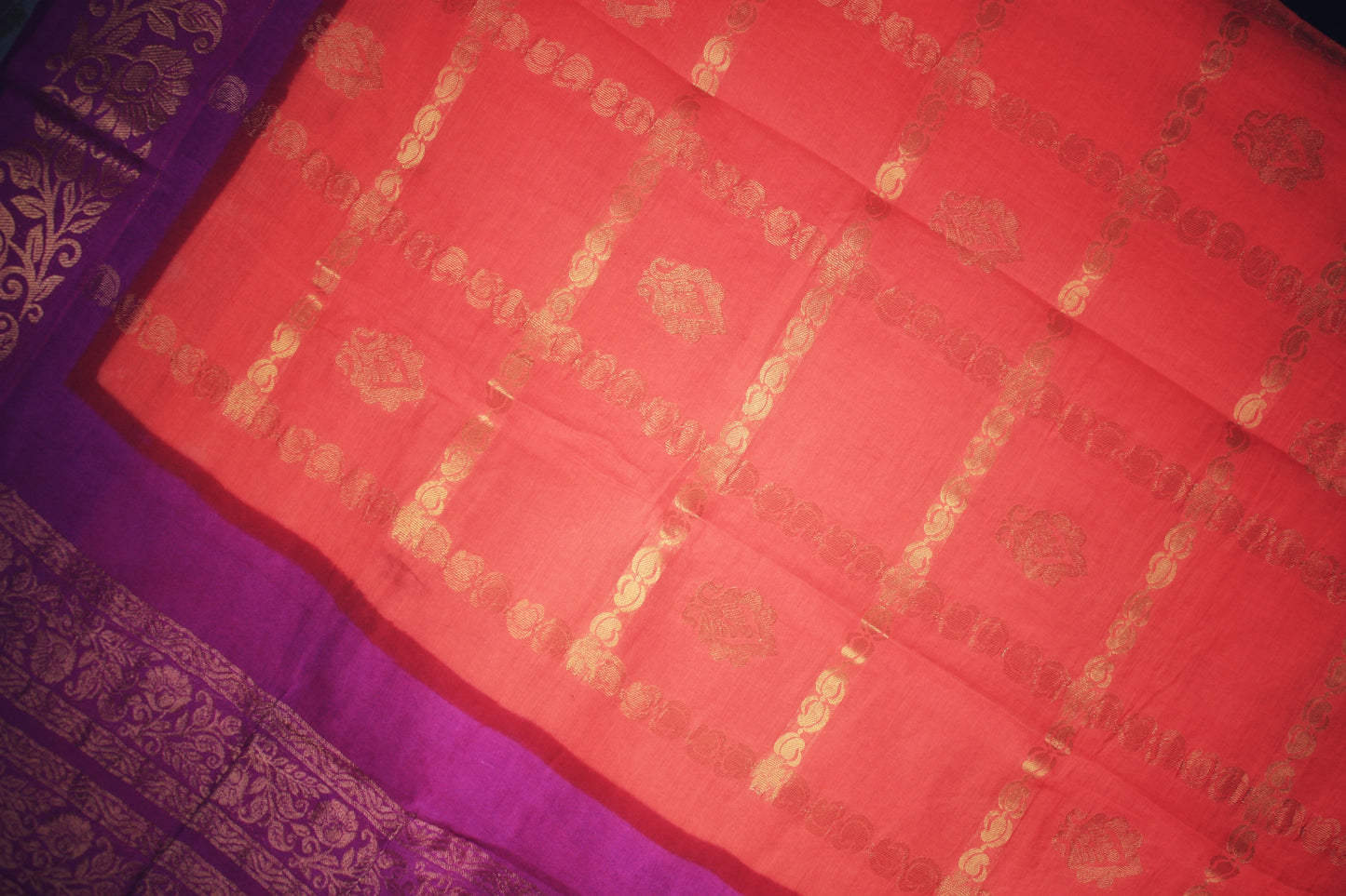 Sungudi Cotton Saree - Orange/ Magenta