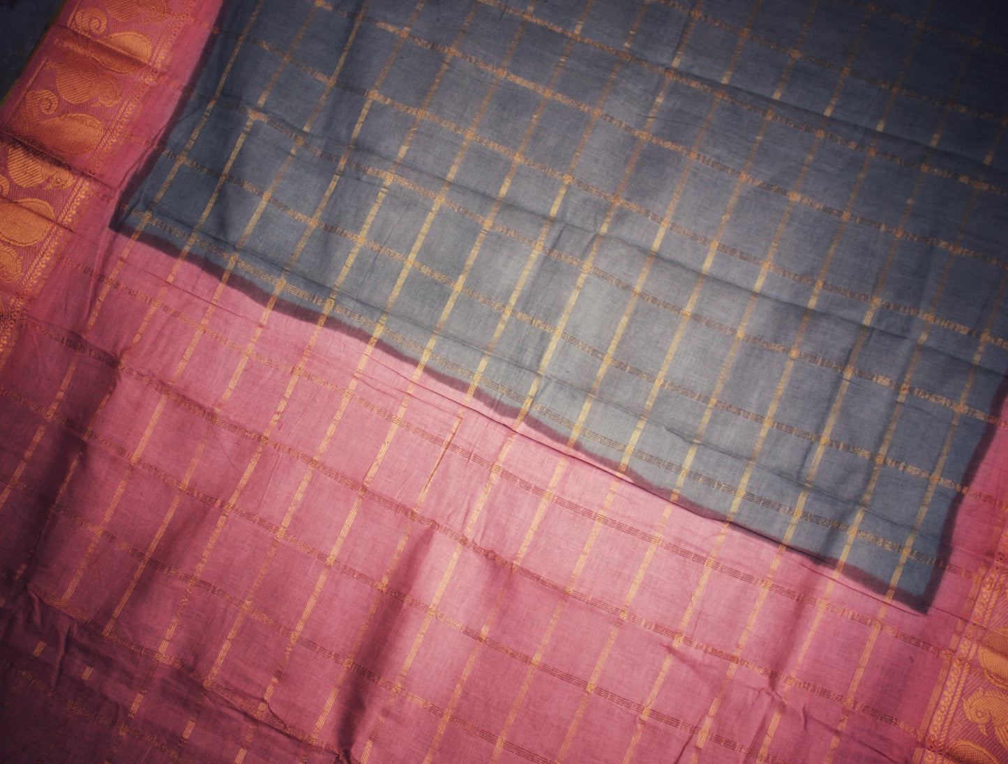 Sungudi Cotton Saree - Gray/ Pink