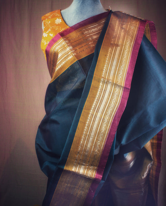 Gadwal Handloom SICO Saree - Dark Gray/ Mustard