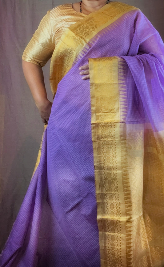 Gadwal Handloom Cotton Saree - Lavendar/ Cream