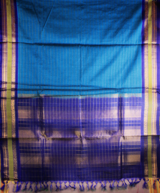 Gadwal Handloom SICO Saree - Light blue/ Blue green