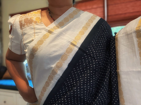 Sungudi Cotton Saree - Black/ White