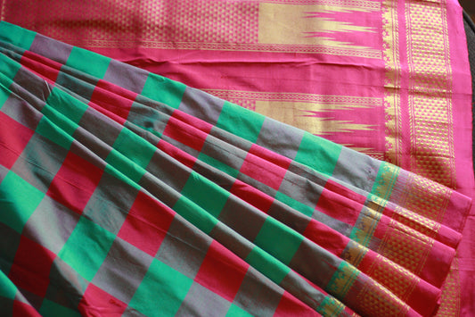 Ilkal Handloom Silk Saree - Seafoam green/ Pink